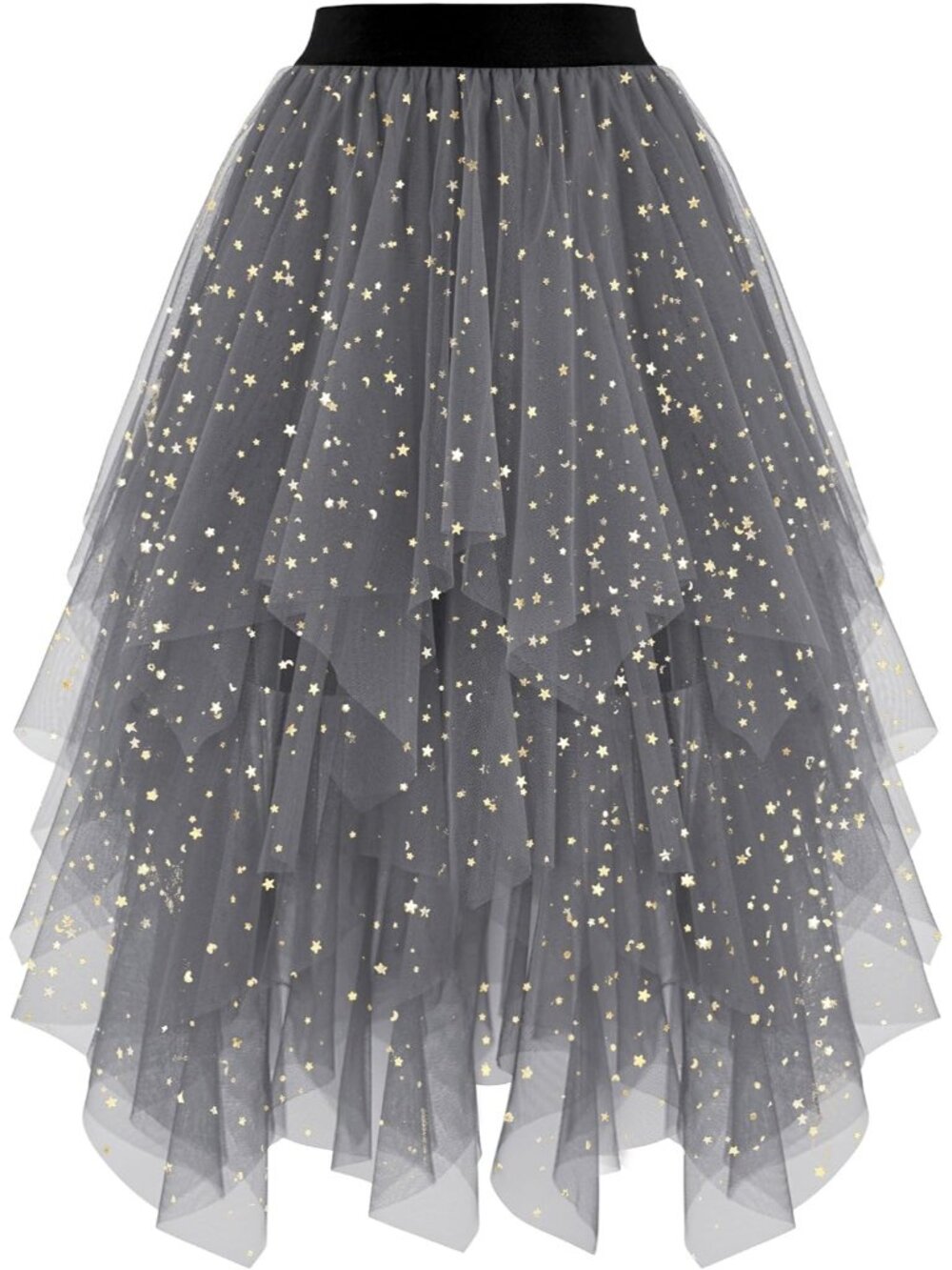 Women's Dark Gray Sequin High Layered Asymmetrical Puffy Fairy Midi Tulle Skirt